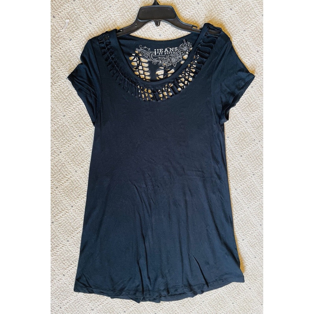 Jeans By Buffalo T Shirt Dress Large Goth Distressed Black Biker Ripped Cutout - Picture 6 of 8